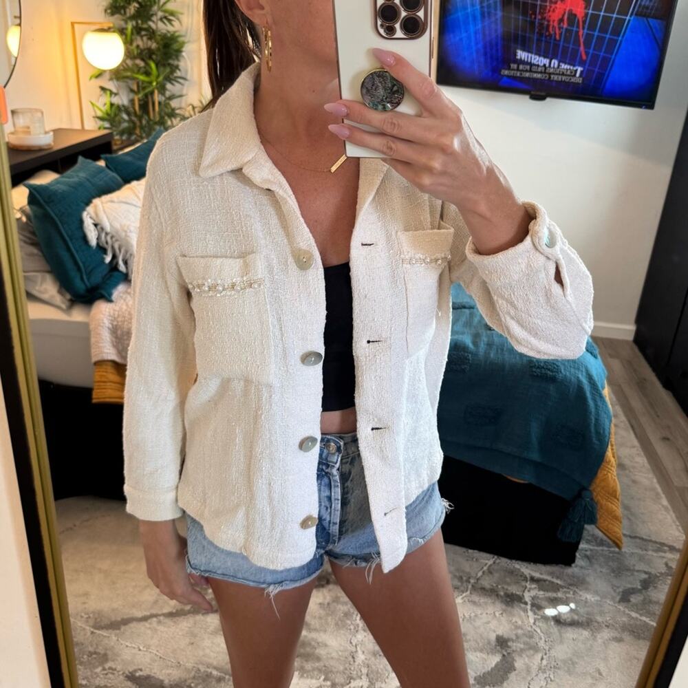 ZARA - Cream Pearl Detail Jacket Top - MEDIUM